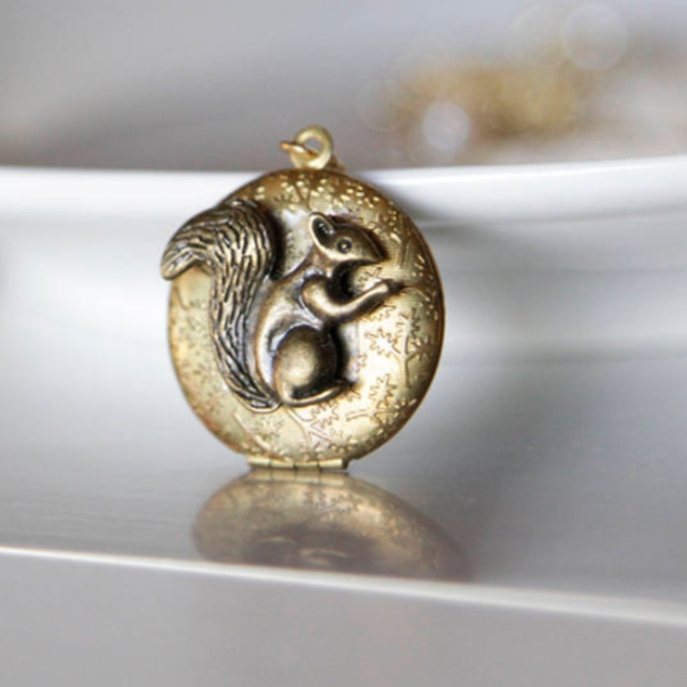 Squirrel Locket Necklace, Vintage Brass, Handmade - Picture 1 of 5